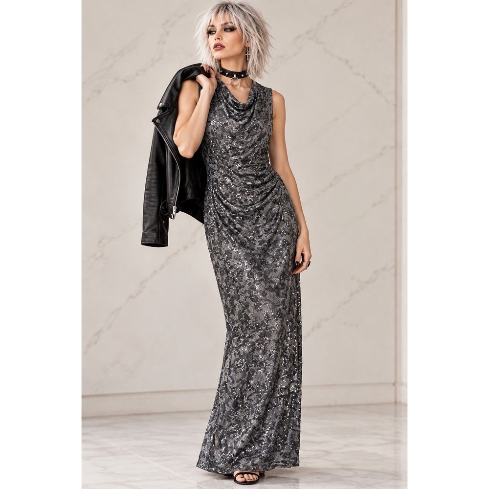 Vince Camuto 12 Gray Sequin Floral Cowl Neck Maxi Dress Evening